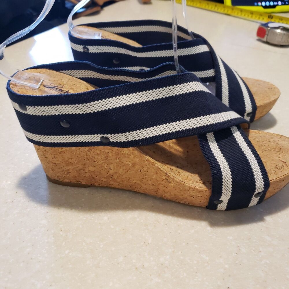 Lucky Brand Miller 2 Cork Platform Wedge Sandals Navy Blue/White Size 9.5